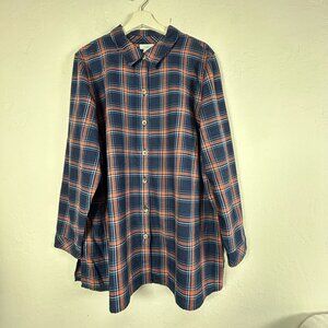 J.Jill Womens Blue Orange Plaid Button-Up Shirt XL Cotton Long Sleeve Casual New